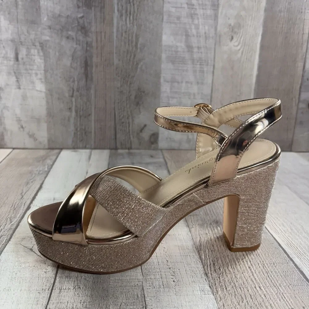 Hingswink Platform Sandals Womens Size 6 Chunky Block Heel Ankle Strap Rose Gold